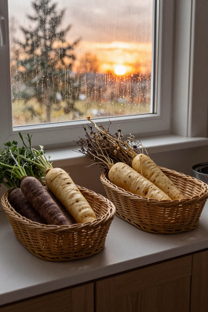 Wicker Baskets of Root Vegetables in Late Autumn in beside a rain-streaked window near Regina