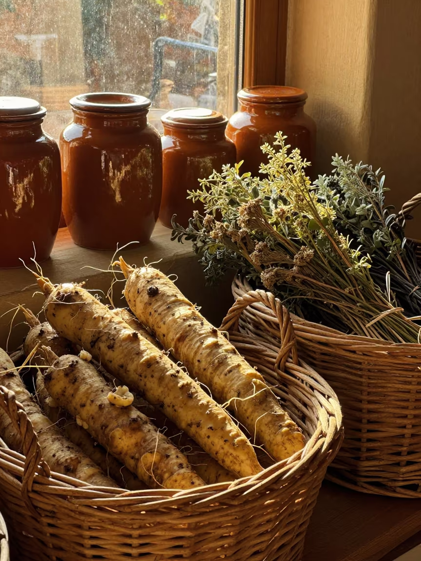 Wicker Baskets Root Vegetables Zinder Pantry in beside a rain-streaked window in Zinder
