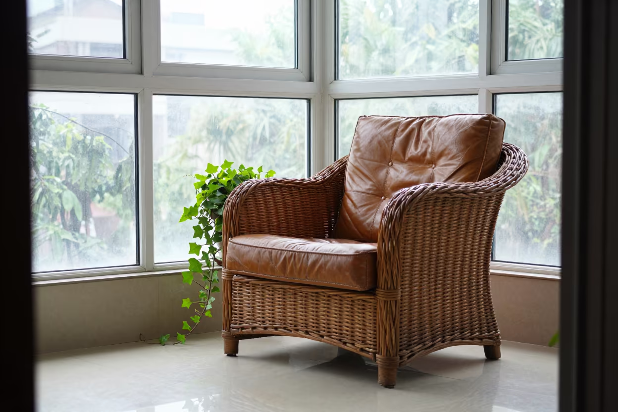 Wicker Chair and Ivy in Taoyuan Sunroom Light in on a worn leather armchair near Taoyuan County