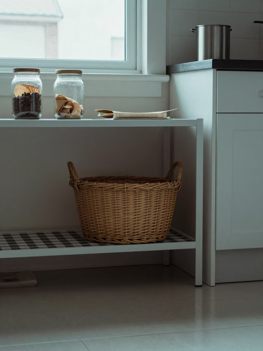 Wicker Hamper on Kitchen Shelf in on a pier railing near Bouskoura