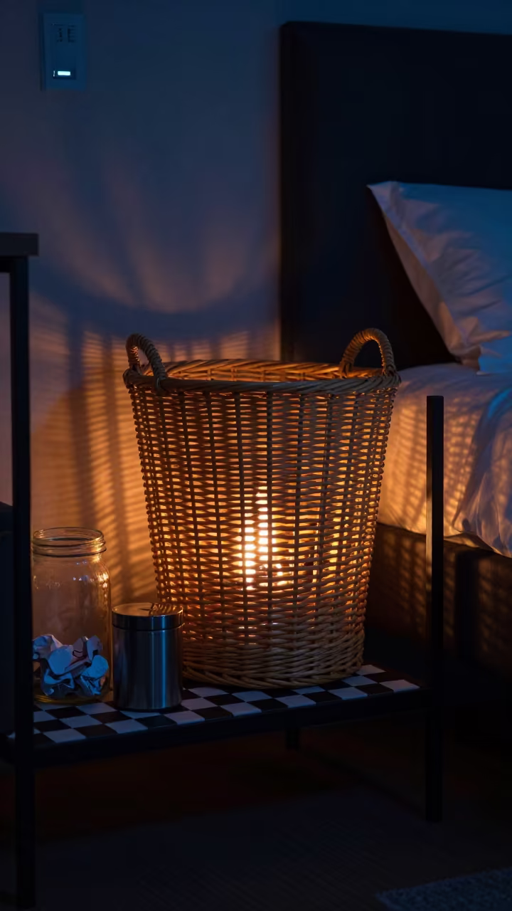 Wicker Hamper on Checkered Shelf in Firelight in on a hotel dresser near Nanning