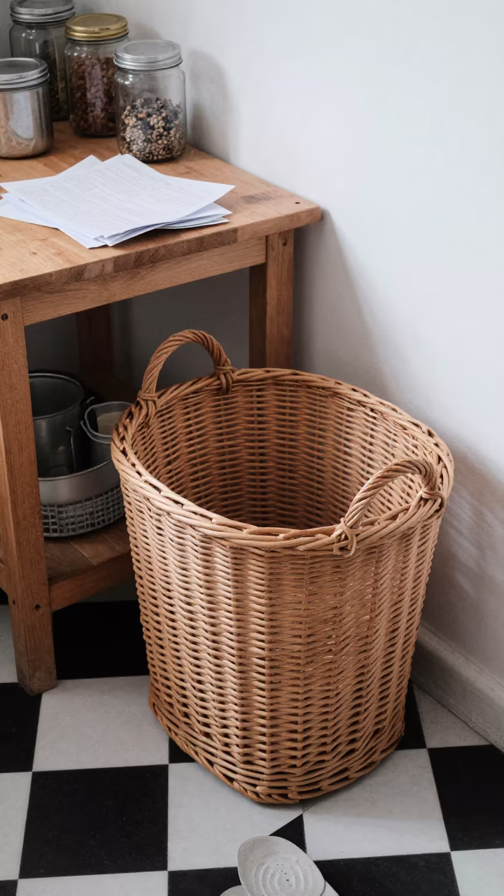 Wicker Hamper on Checkered Shelf in Owerri in on a wooden workbench near Owerri