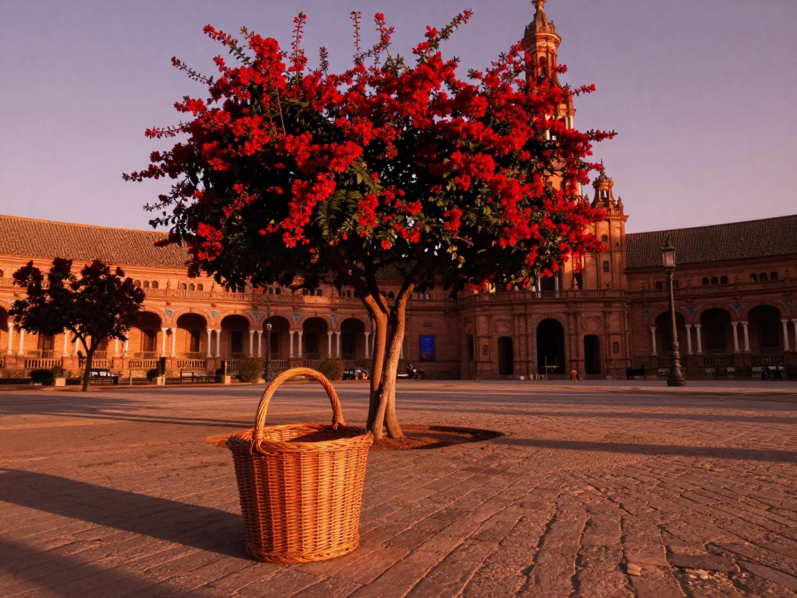 Wicker Hamper in Seville at Copper-toned Light Before Dusk in in Seville, Spain