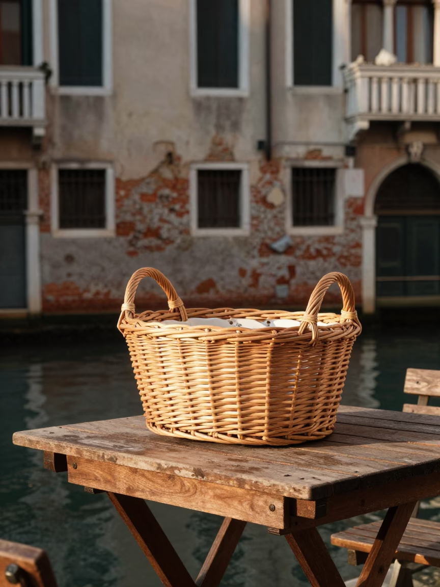Wicker Hamper in Venice at The Late Afternoon Light in in Venice, Italy