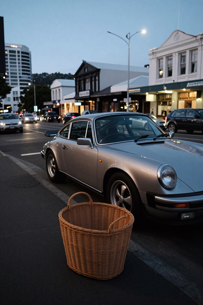 Wicker Hamper in Wellington at Twilight in in Wellington, New Zealand