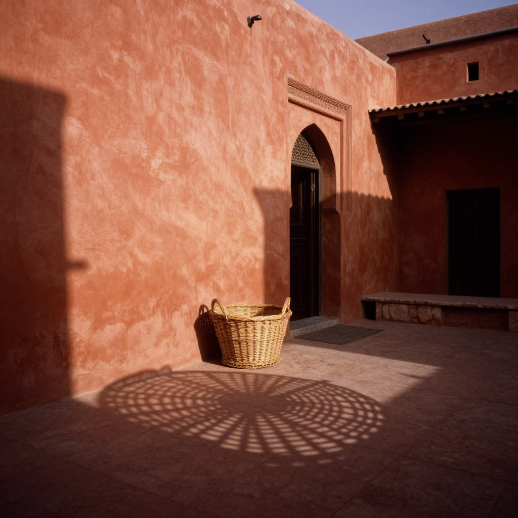 Wicker Shadow in Marrakech at Copper-toned Light Before Dusk in in Marrakech, Morocco