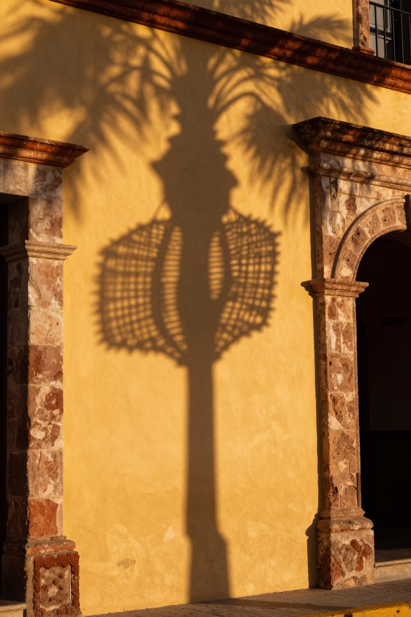 Wicker Shadow on Colonial Wall in Merida Mexico Evening Light Candid Street Scene in in Merida, Mexico