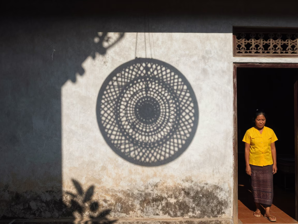 Wicker shadow on plaster in Chiang Mai Thailand at noon in in Chiang Mai, Thailand