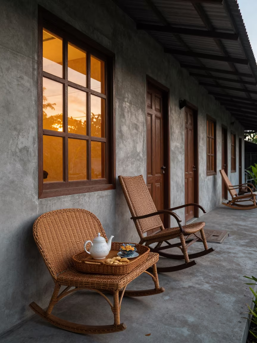 Wicker Tray Biscuits Teapot Porch Light in on a porch with a rocking chair in Semarang