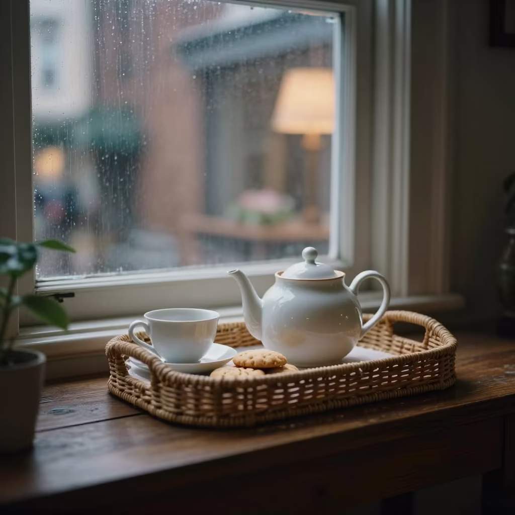 Wicker Tray Tea and Biscuits on Garden Bench in in a sunlit living room near Baltimore