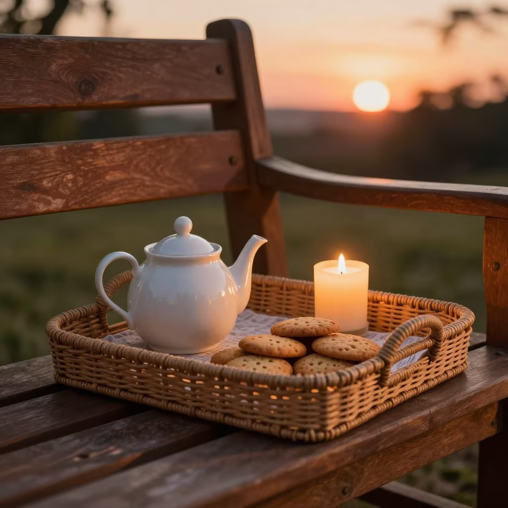 Wicker Tray Tea Set on Garden Bench in in a sunlit living room near Pointe-Noire