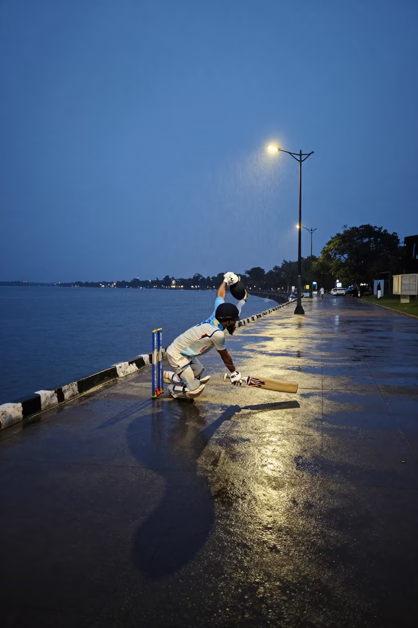 Wicketkeeper Dives in Blue Hour Rain in at a harbor quay near Noida