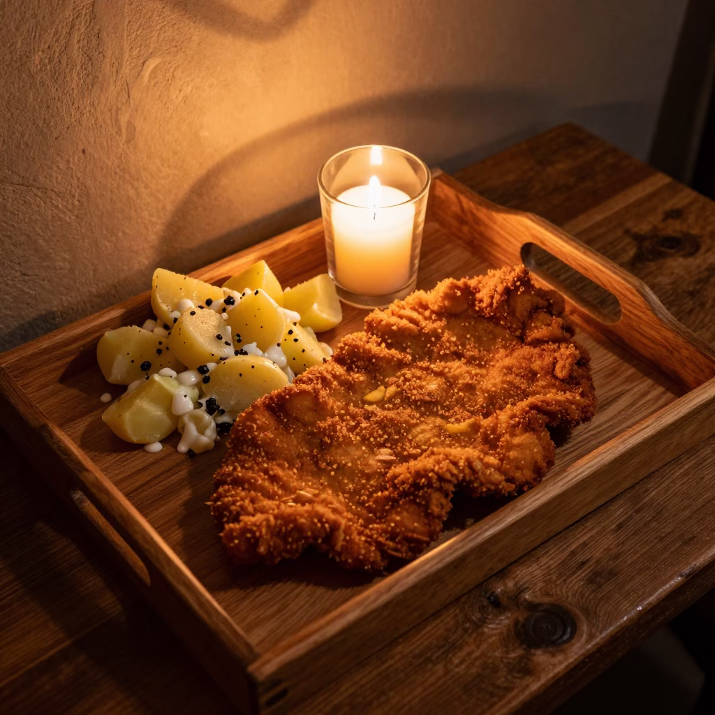 Wiener Schnitzel Potato Salad Gdansk Tray in on a tea house tray in Gdansk