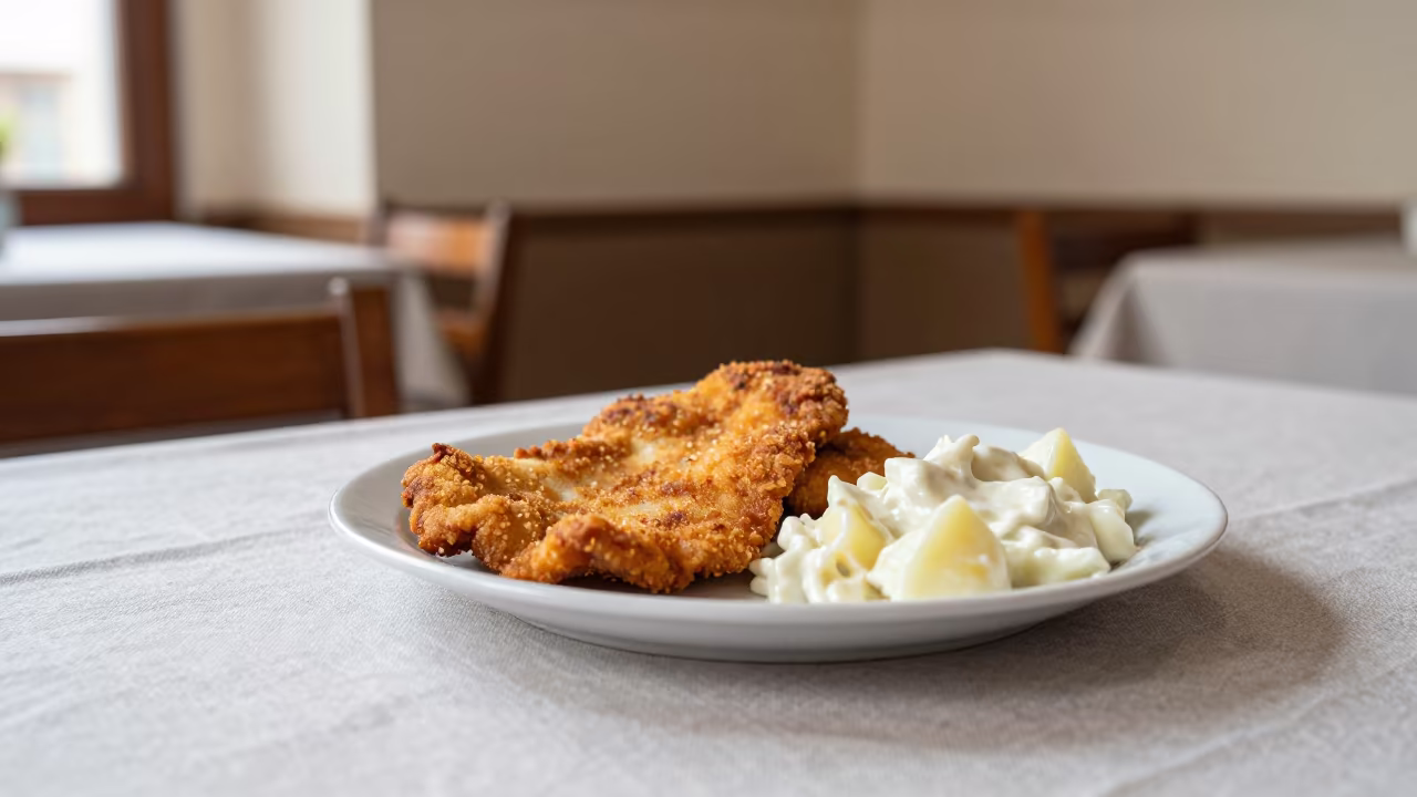 Wiener Schnitzel Potato Salad Jalalabad Table in on a linen-covered restaurant table in Jalalabad