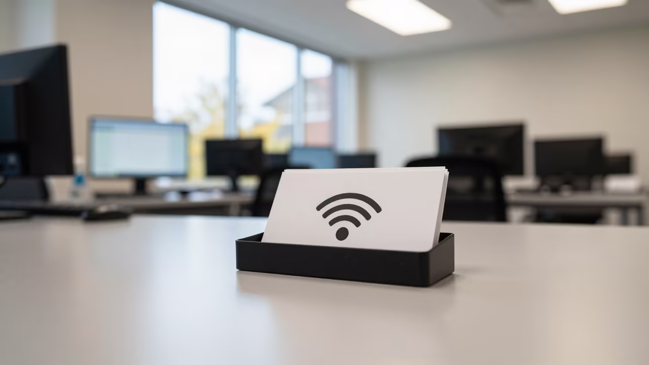 Wi-Fi Voucher Tray in Alexandria Office in in an operations center under monitor glow in Alexandria