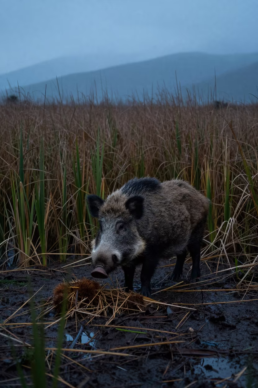 Wild Boar Foraging in Andes Reed Bed Twilight in at the edge of a reed bed in the Andes