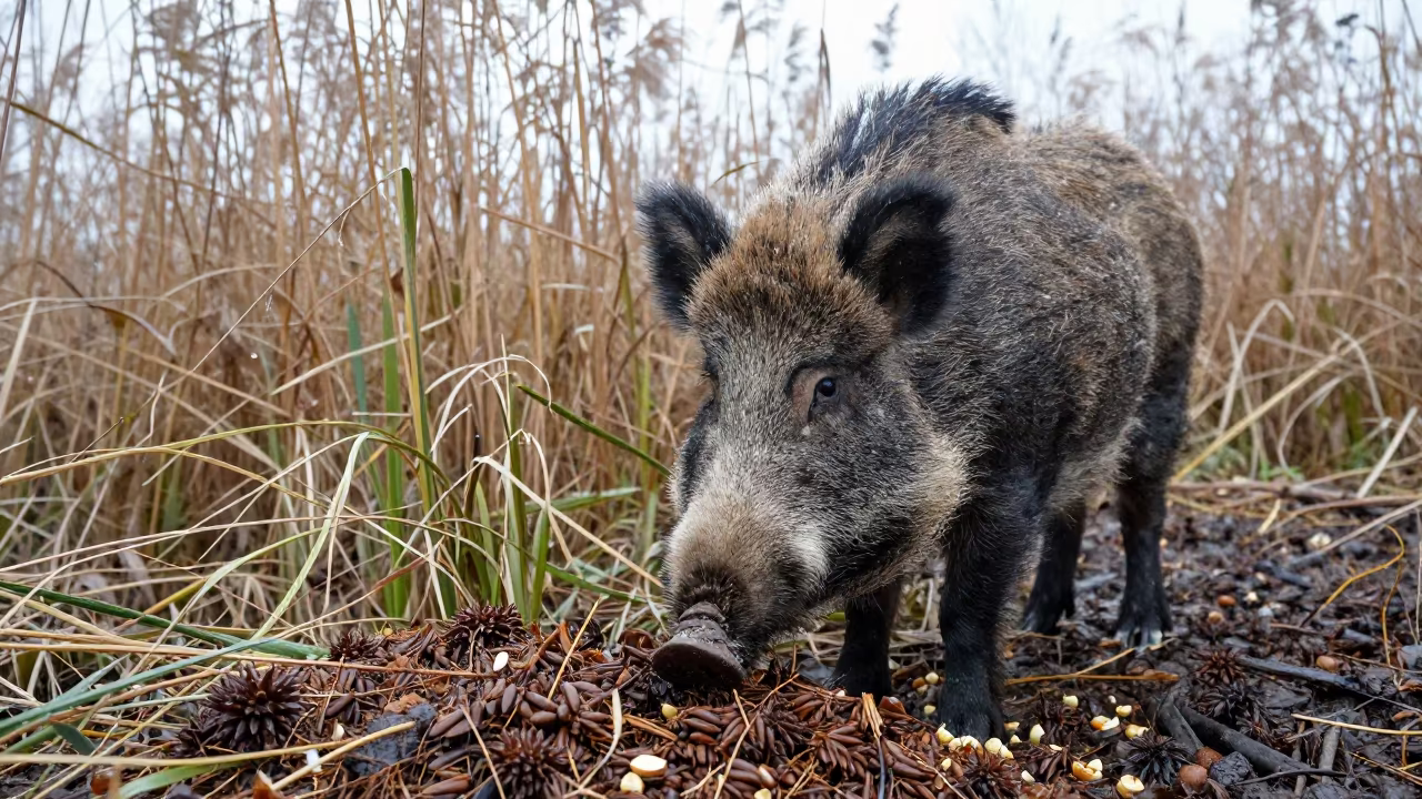 Wild Boar Foraging in Beech Mast Near Denmark Reed Bed in at the edge of a reed bed in Denmark