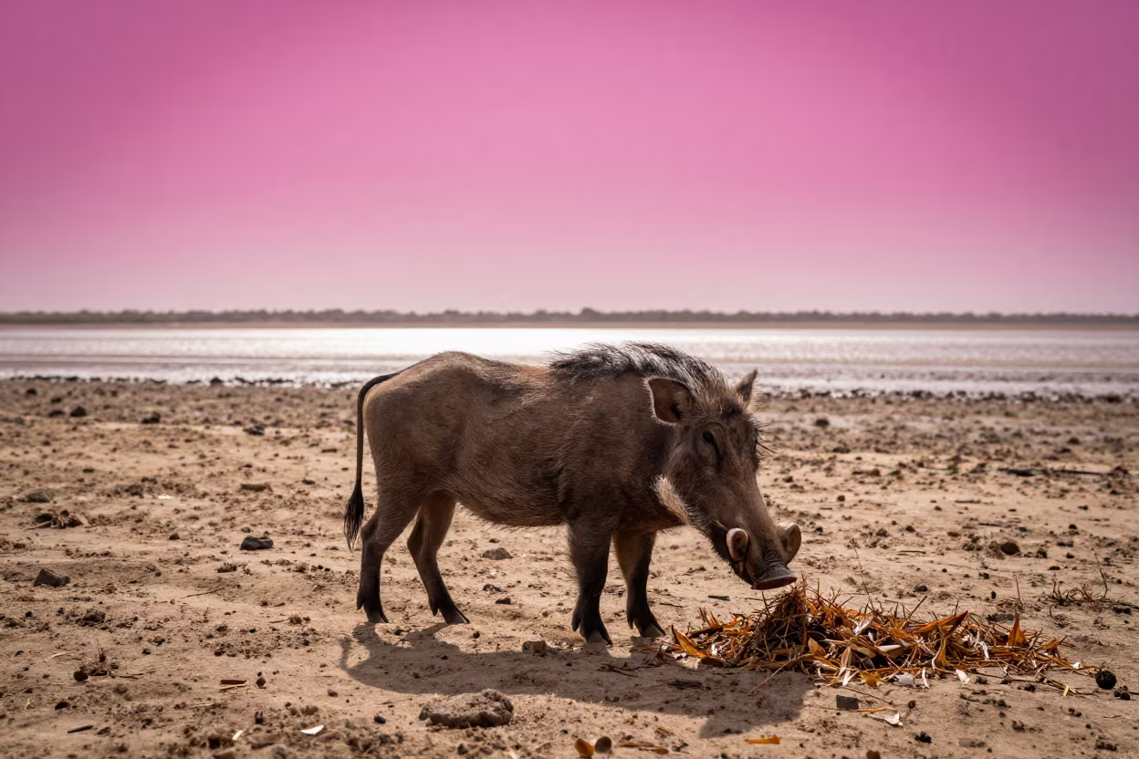 Wild Boar Foraging Under Magenta Sky in beside a tidal inlet in Senegal