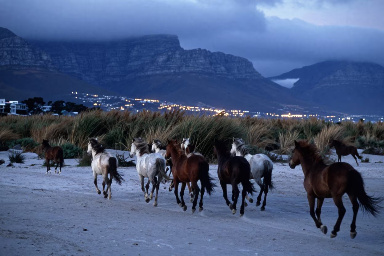 Wild Horse Herd Galloping Beach at Blue Hour in at the edge of a reed bed near Long Street, Cape Town