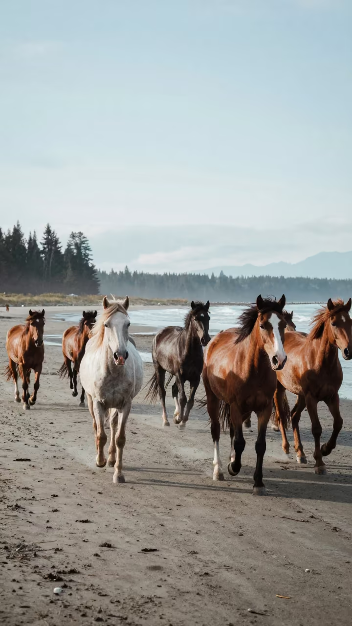 Wild Horse Herd Galloping on Beach in above a glacial stream near Vancouver