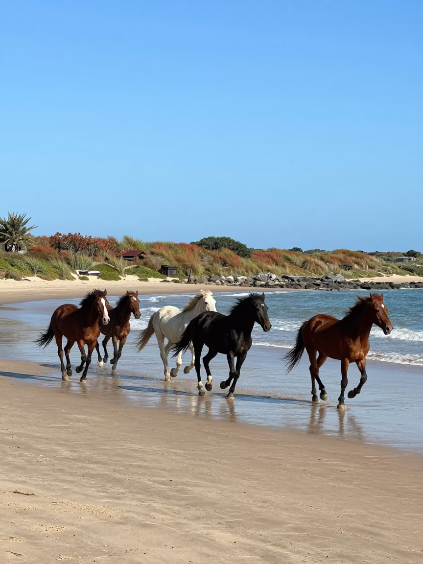 Wild Horse Herd Galloping Along Durban Beach in beside a tidal inlet near Durban