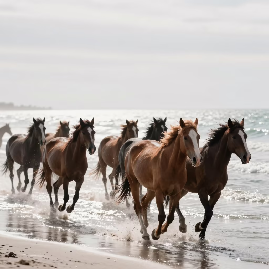 Wild Horse Herd Galloping Florida Beach in in Florida