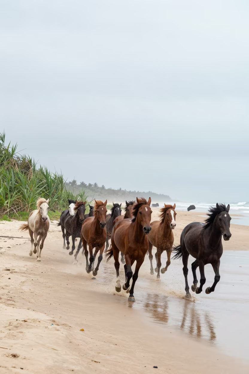 Wild Horse Herd Galloping Mumbai Beach Monsoon in at the edge of a reed bed near Marine Drive, Mumbai