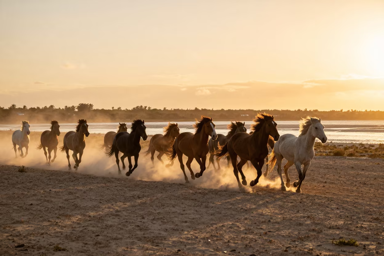 Wild Horses Galloping Across Bahamian Dusty Plain in beside a tidal inlet in Bahamas