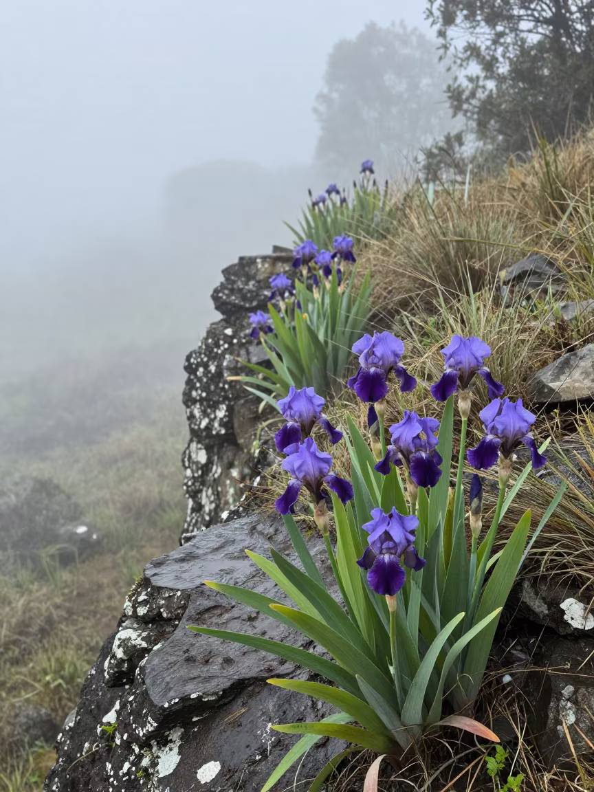 Wild Iris Blooming on Misty Salt Cliff Edge in along a salt-sprayed cliff edge near Pucallpa