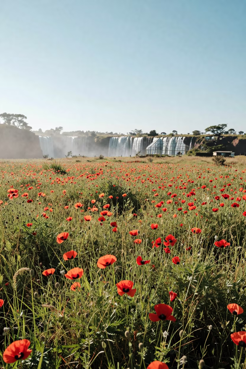 Wild Poppy Patch Under Glasshouse Haze Near Victoria Falls in in a bloom-heavy meadow near Victoria Falls
