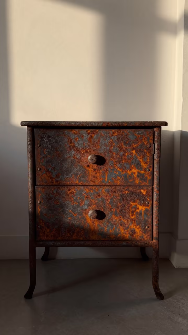 Wild Rust Patterns on Old Iron Table Dublin in on a bedside table in Portobello, Dublin