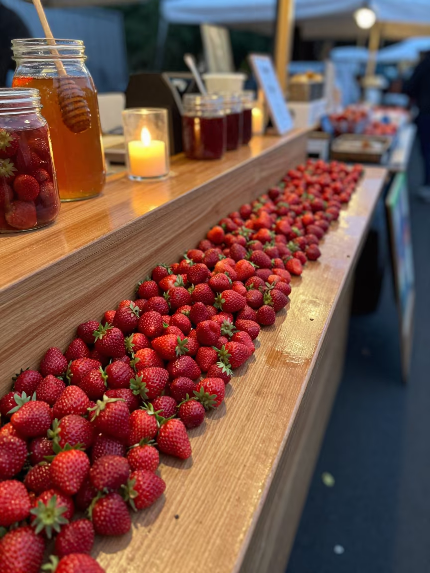 Wild Strawberries in Evening Candlelight Market in at a market stall counter near Auckland