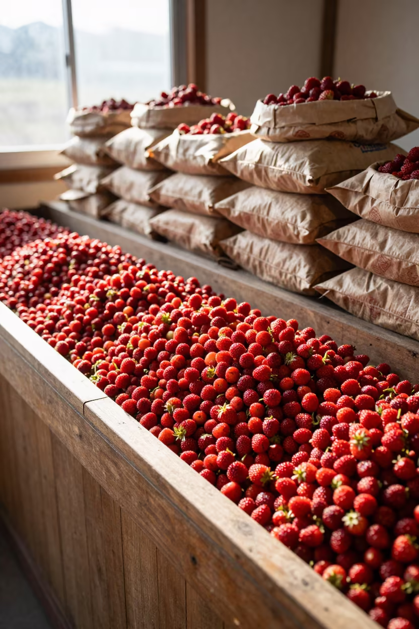 Wild Strawberries on Grocer Counter Taoyuan in on a grocer's counter with stacked paper sacks in Taoyuan County