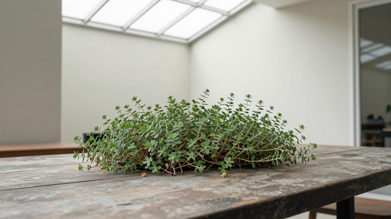 Wild Thyme on Cafe Table in Surabaya in on a cafe table by a window in Surabaya