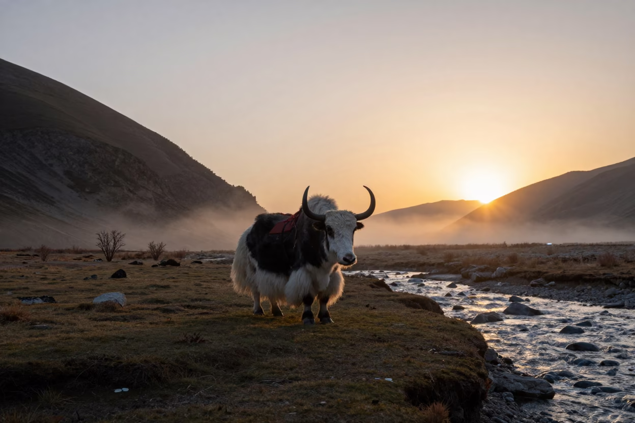 Wild Yak on Tibetan Plateau Near Glacial Stream in above a glacial stream near Raouche, Beirut