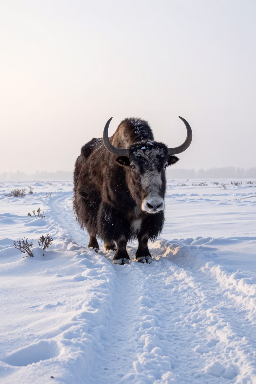 Wild Yak on Winter Trail at Dawn in along a game trail in Piedmont