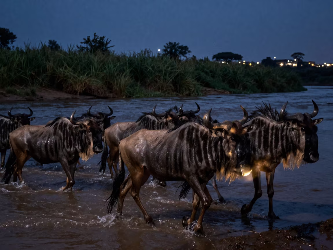 Wildebeest Crossing Mara River at Night in at the edge of a reed bed near District 4, Ho Chi Minh City