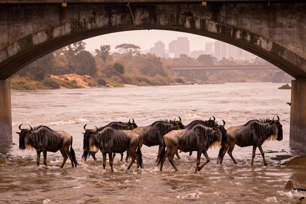 Wildebeest Herd Crosses River in Copper Dusk Light in near Thu Thiem, Ho Chi Minh City