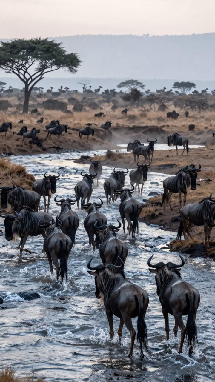 Wildebeest Herd Crossing Mara River at Dawn in above a glacial stream near Mombasa