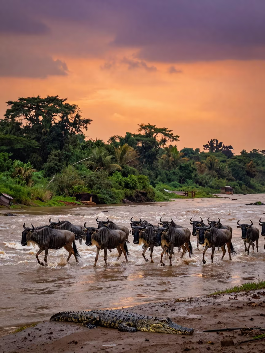 Wildebeest Herd Crossing Mara River in in Malaysia