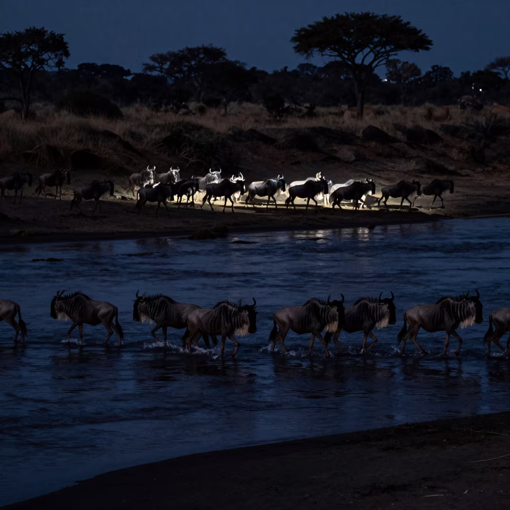 Wildebeest Herd Silhouetted Under Night Sky in near Cinnamon Gardens, Colombo