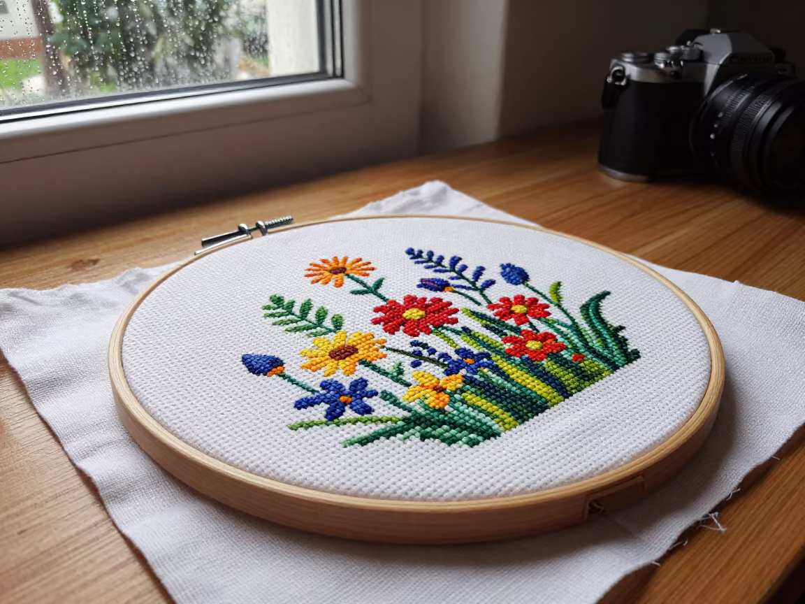 Wildflower Cross Stitch Hoop on Kyiv Desk in on a writing desk in Kyiv