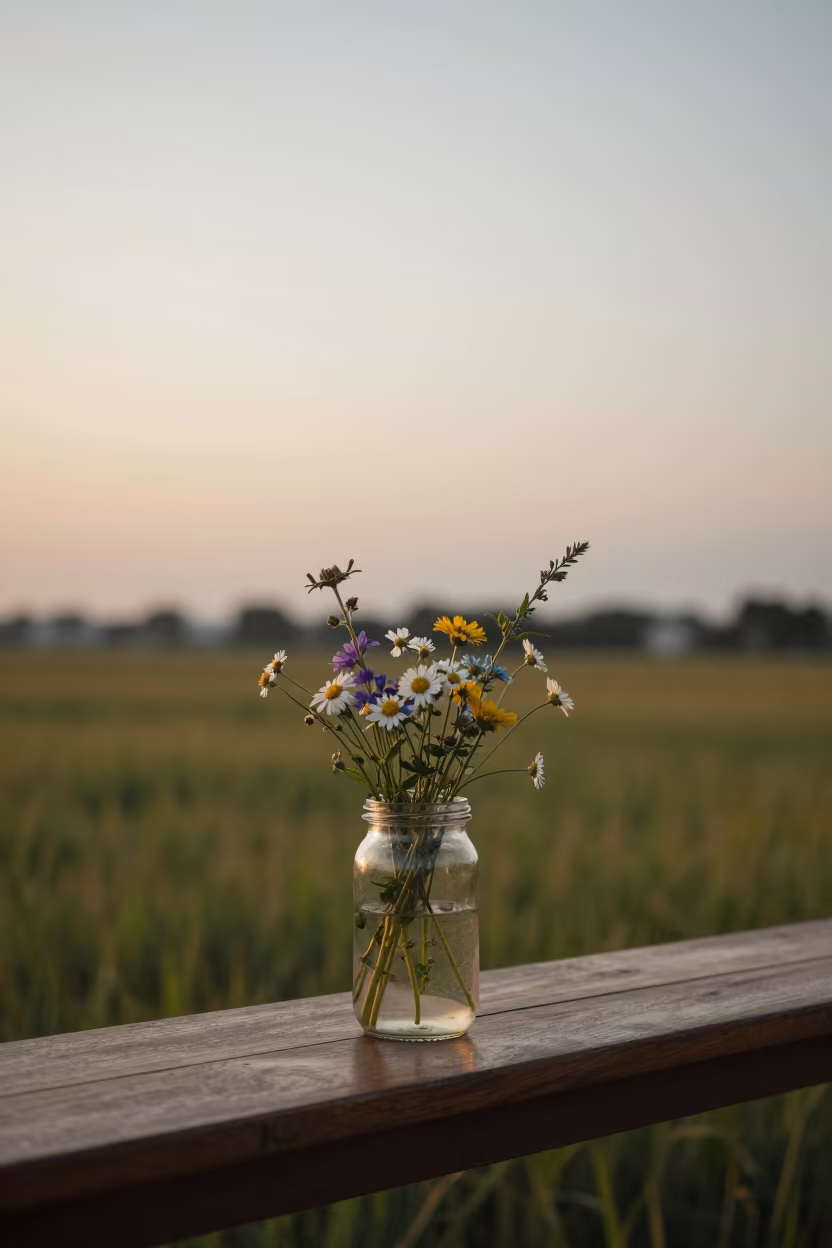 Wildflower Jar on Meadow Mantel Evening Light in in a bloom-heavy meadow near Ho Chi Minh City