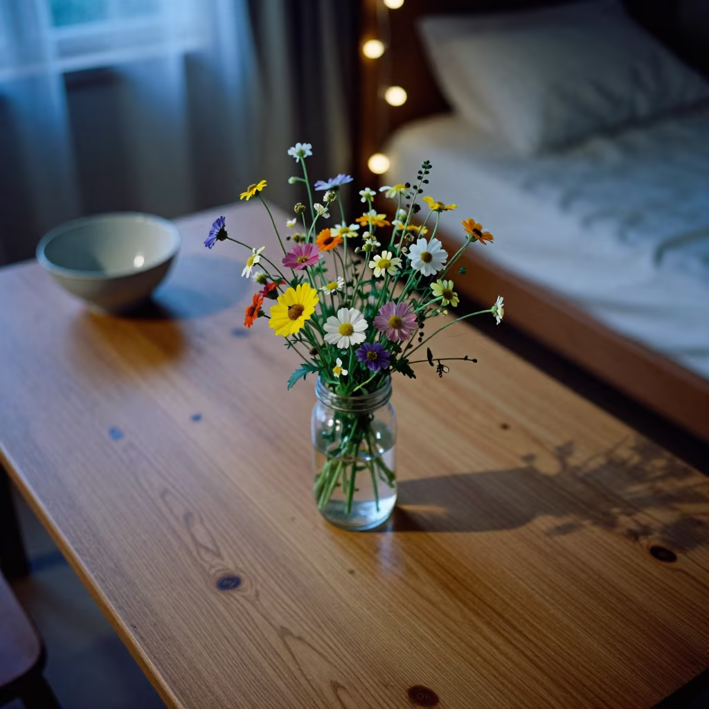 Wildflower Jar on Pine Table in Okinawa Bedroom in in a candlelit bedroom in Okinawa