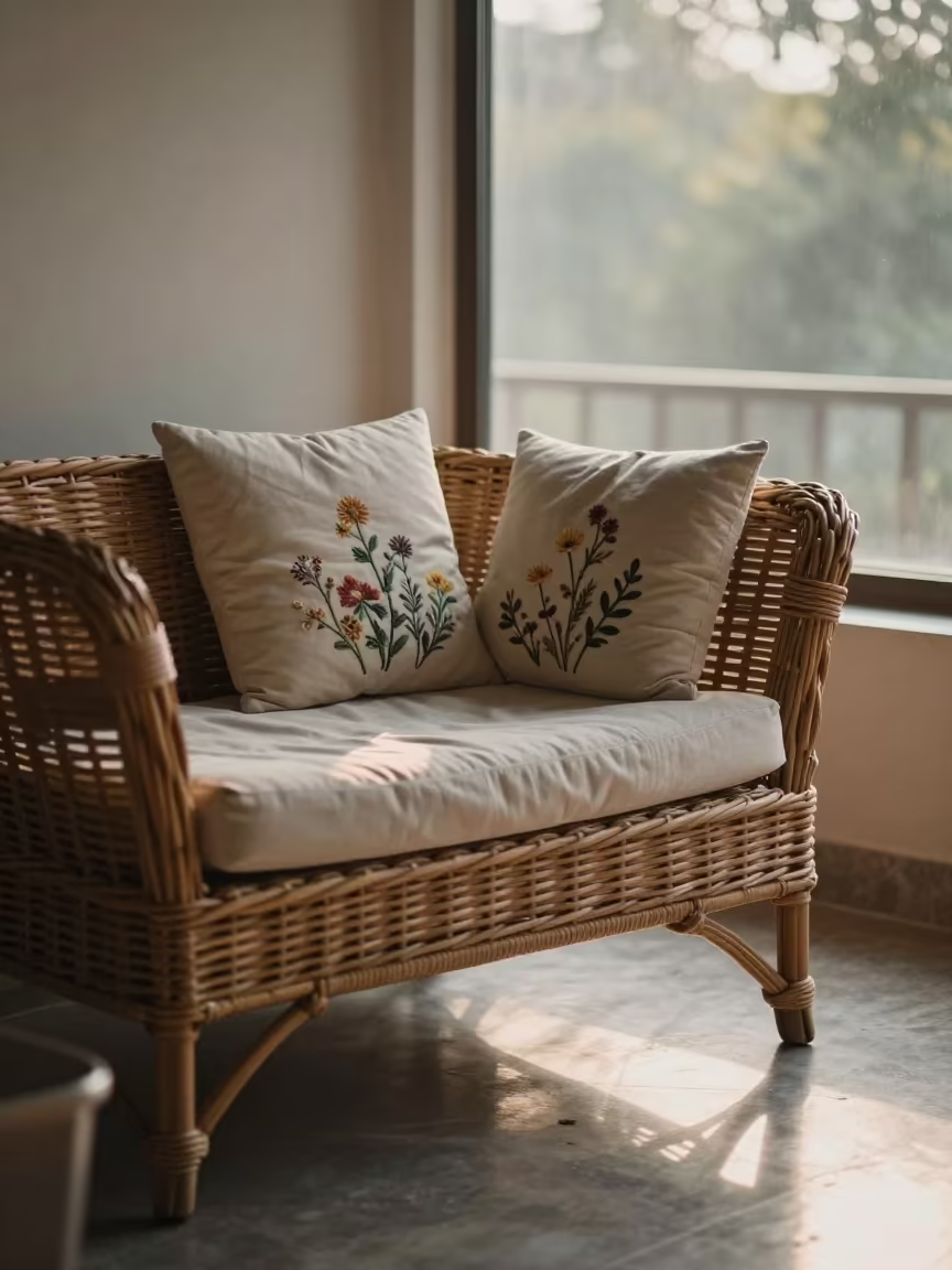 Wildflower Pillow on Wicker Daybed at Dawn in on a reading nook cushion near Cuttack