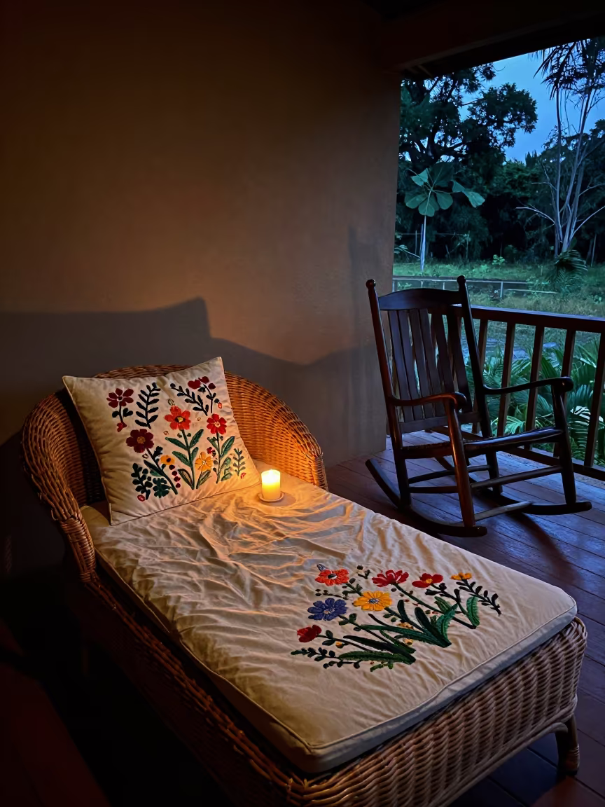 Wildflower Pillow on Wicker Daybed in on a porch with a rocking chair near Mbuji-Mayi