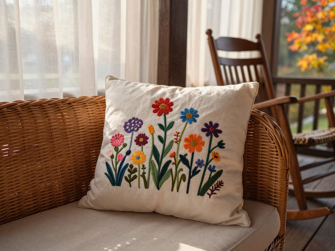 Wildflower Pillow on Wicker Daybed at Xian Porch in on a porch with a rocking chair near Xian