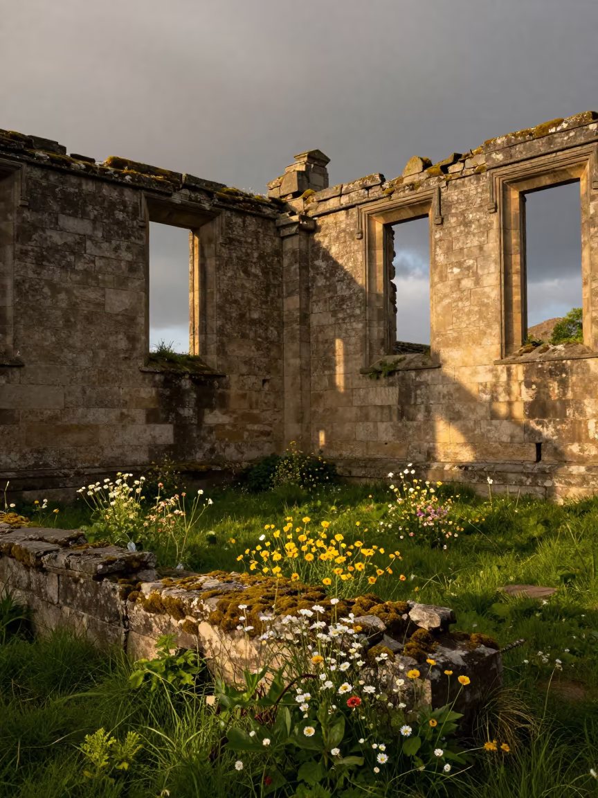 Wildflowers in Abandoned Yorkshire Court Ruins in through an abandoned ceremonial court in Yorkshire