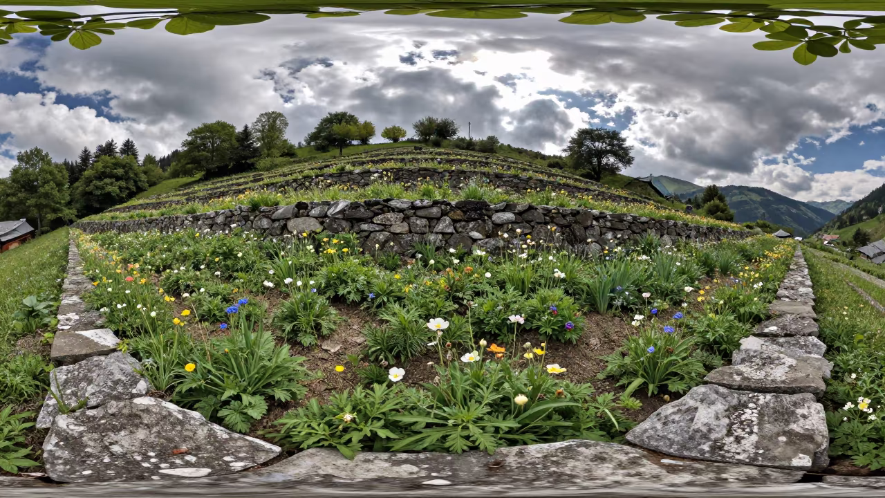 Wildflowers bloom in Swiss terraced garden in among terraced garden plots in Switzerland