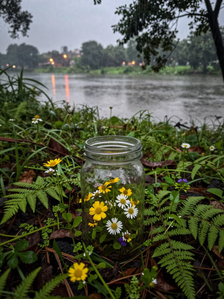 Wildflowers in Glass Jar Monsoon Forest Bhagalpur in on a fern-lined forest floor near Bhagalpur